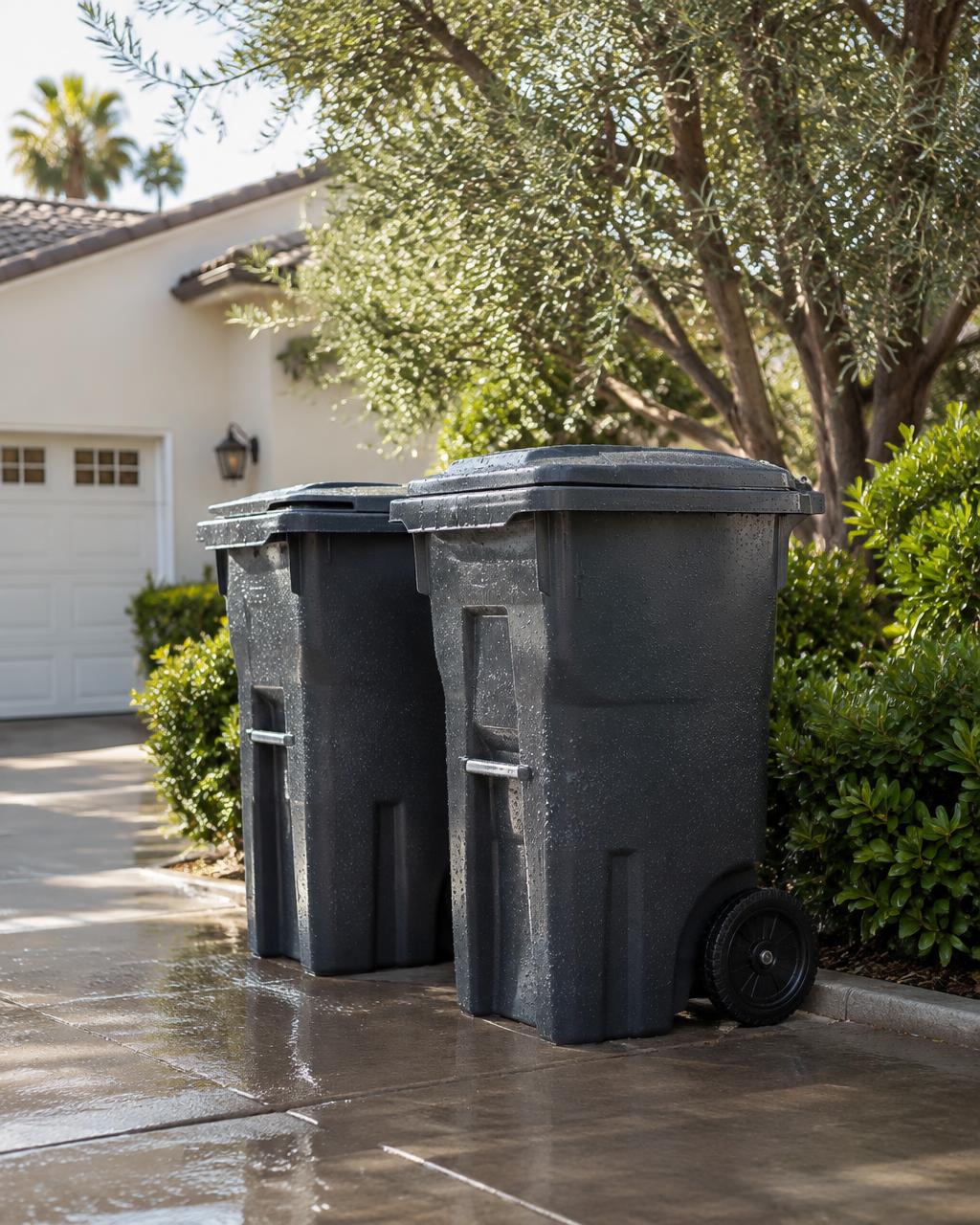 Freshly washed residential trash bins on a driveway
